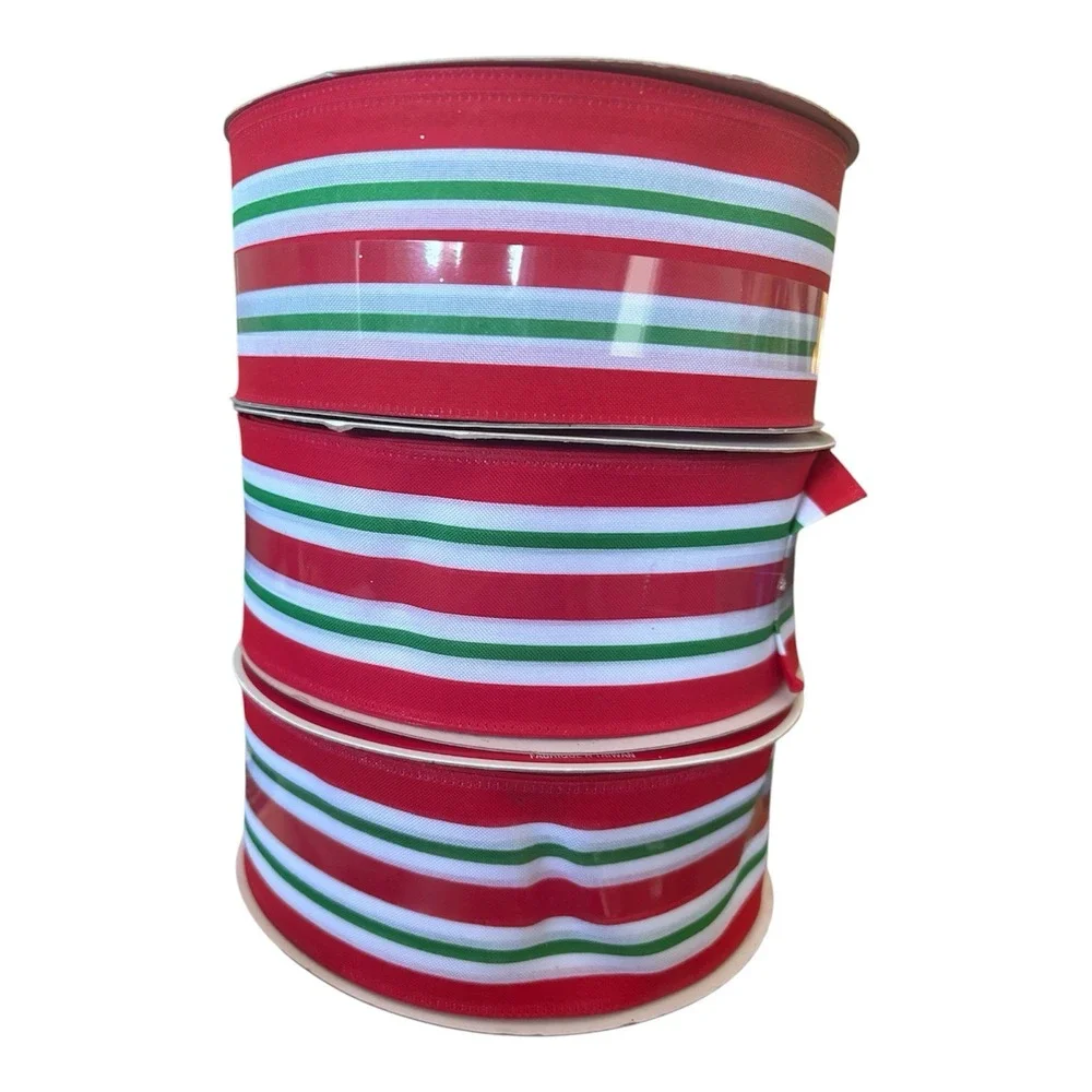 3pk Stripe Ribbon, Christmas, White/Red/Emerald Green Polyester 2.5x 80ft‎